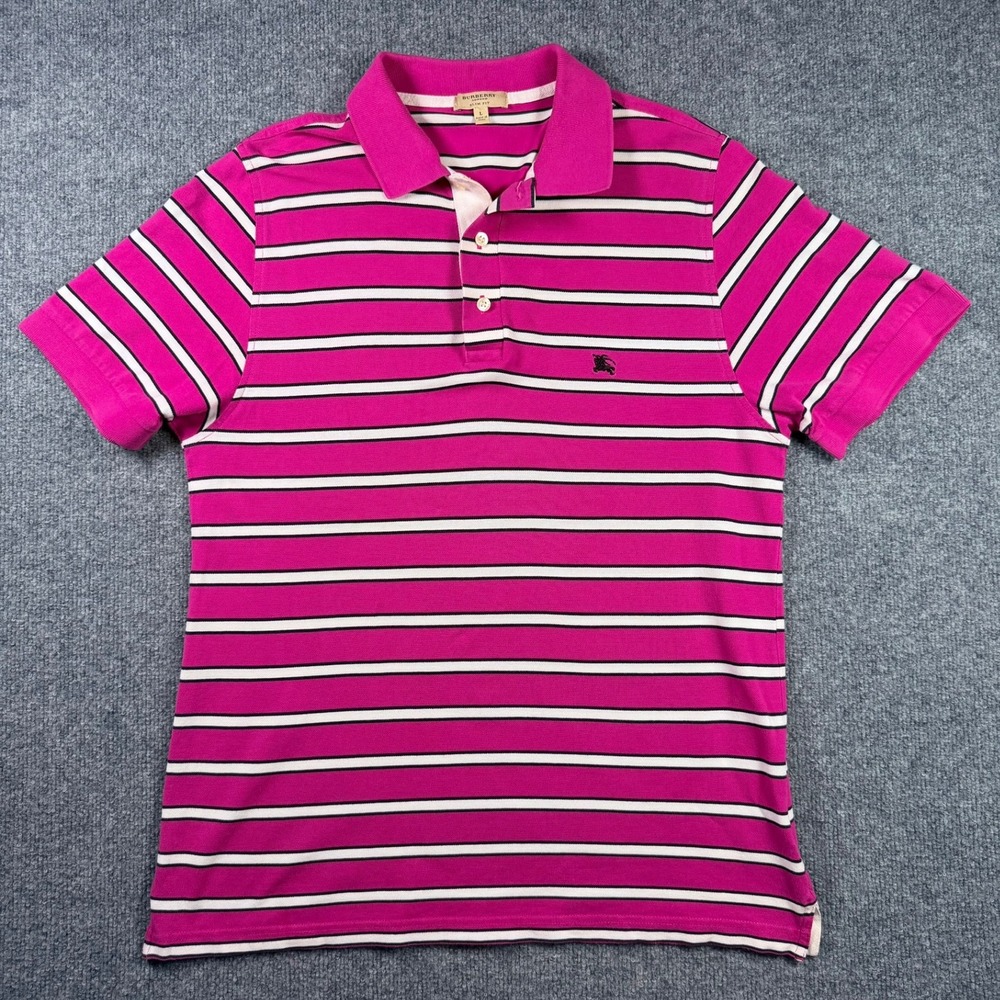 Burberry Polo Shirt Mens L Pink Striped Slim Fit Short Sleeve Cotton Logo